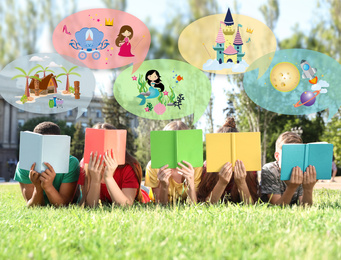 Image of Children reading books outdoors on sunny day