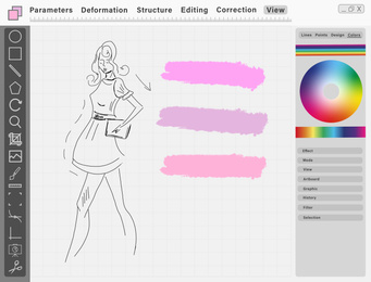 Image of Sketch of woman in dress and color swatches on graphic tablet. Illustration