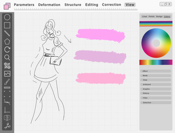 Sketch of woman in dress and color swatches on graphic tablet. Illustration