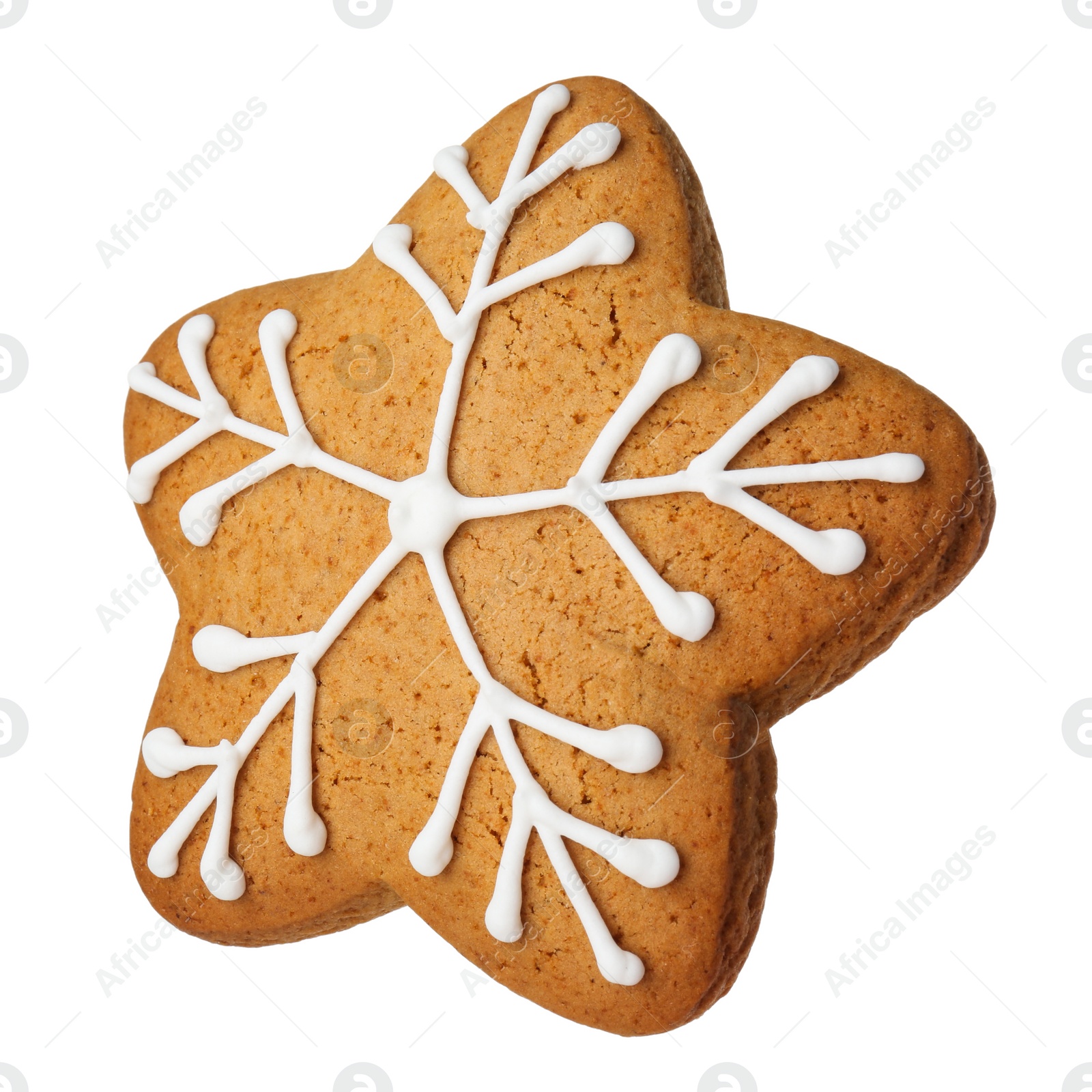 Photo of Tasty star shaped Christmas cookie with icing isolated on white