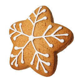 Photo of Tasty star shaped Christmas cookie with icing isolated on white