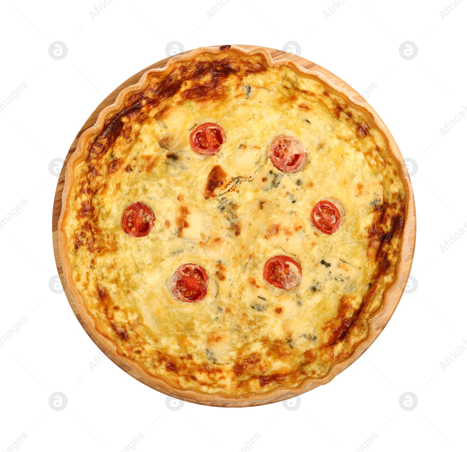 Photo of Delicious quiche with cheese and tomatoes isolated on white, top view