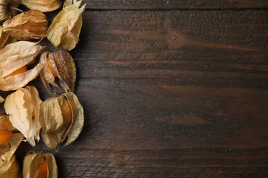 Ripe physalis fruits with calyxes on wooden table, flat lay. Space for text