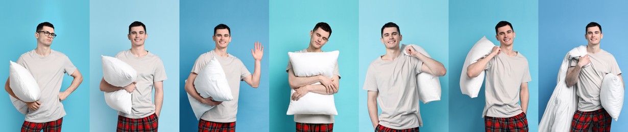 Man in pajamas with pillow on light blue background, collage of photos