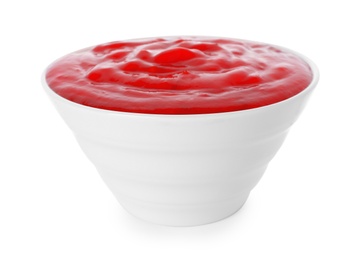 Photo of Bowl with red sauce isolated on white