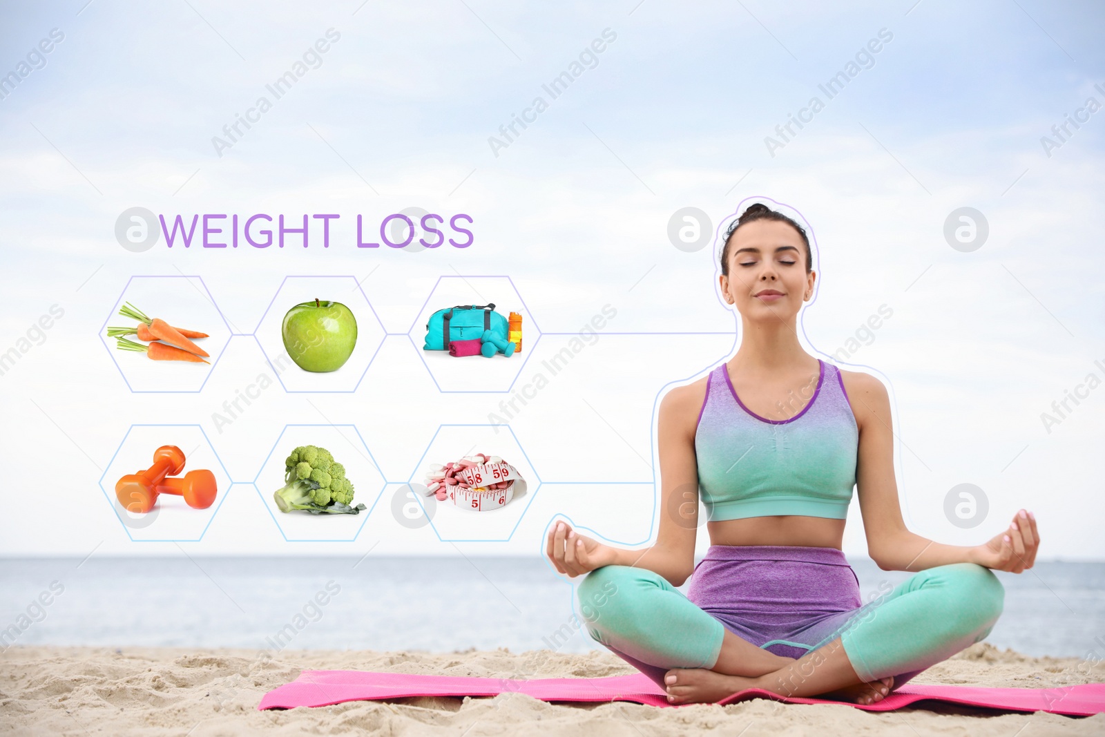 Image of Weight loss concept. Young woman practicing yoga on beach