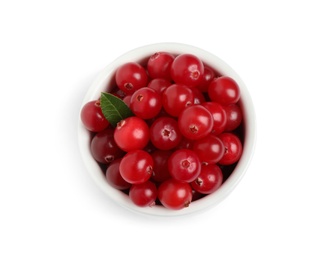 Photo of Fresh ripe cranberries with leaf in bowl on white background, top view