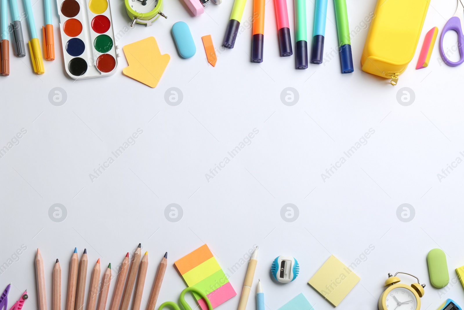 Photo of School stationery on white background, flat lay with space for text. Back to school