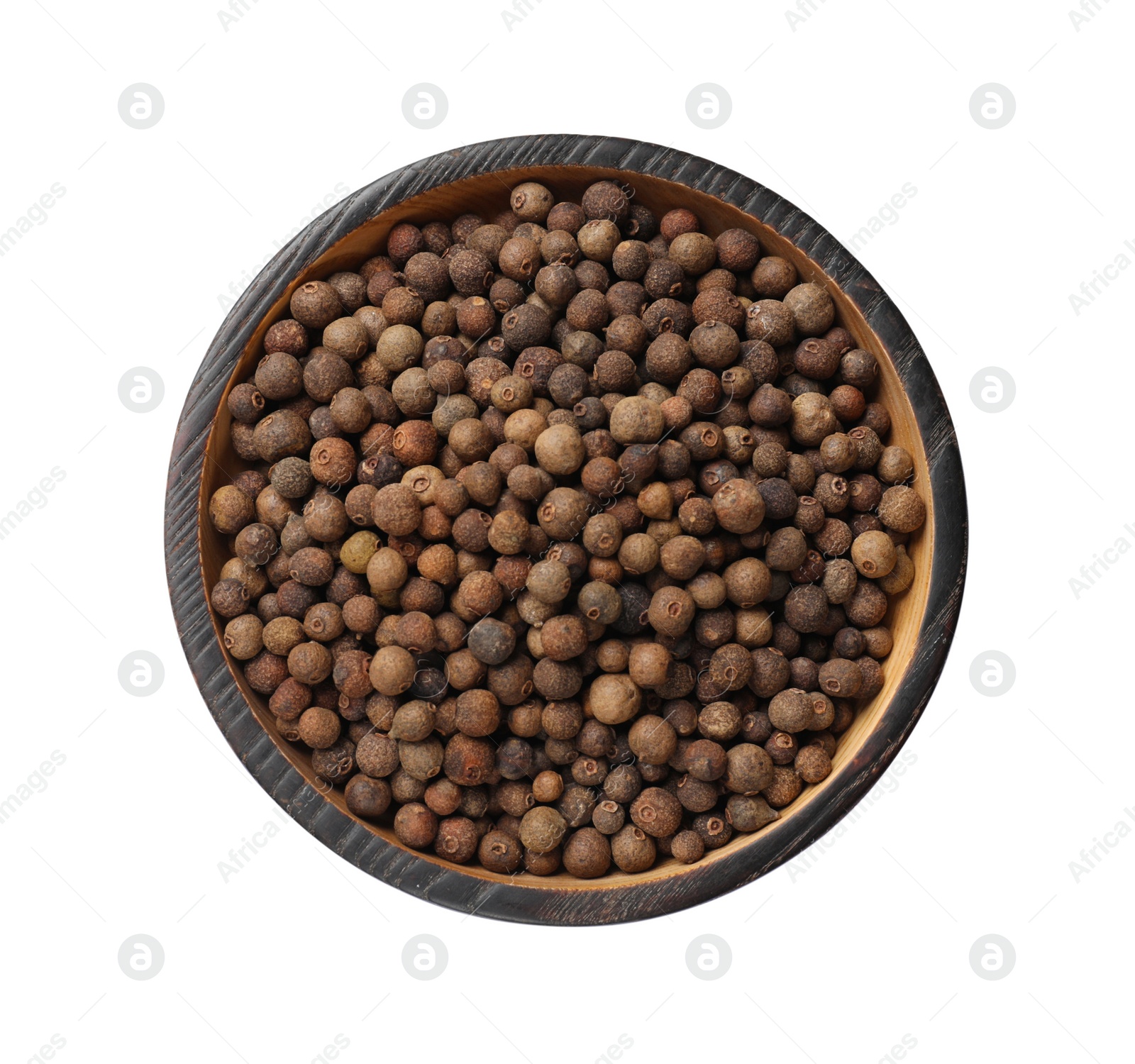 Photo of Dry allspice berries (Jamaica pepper) in bowl isolated on white, top view