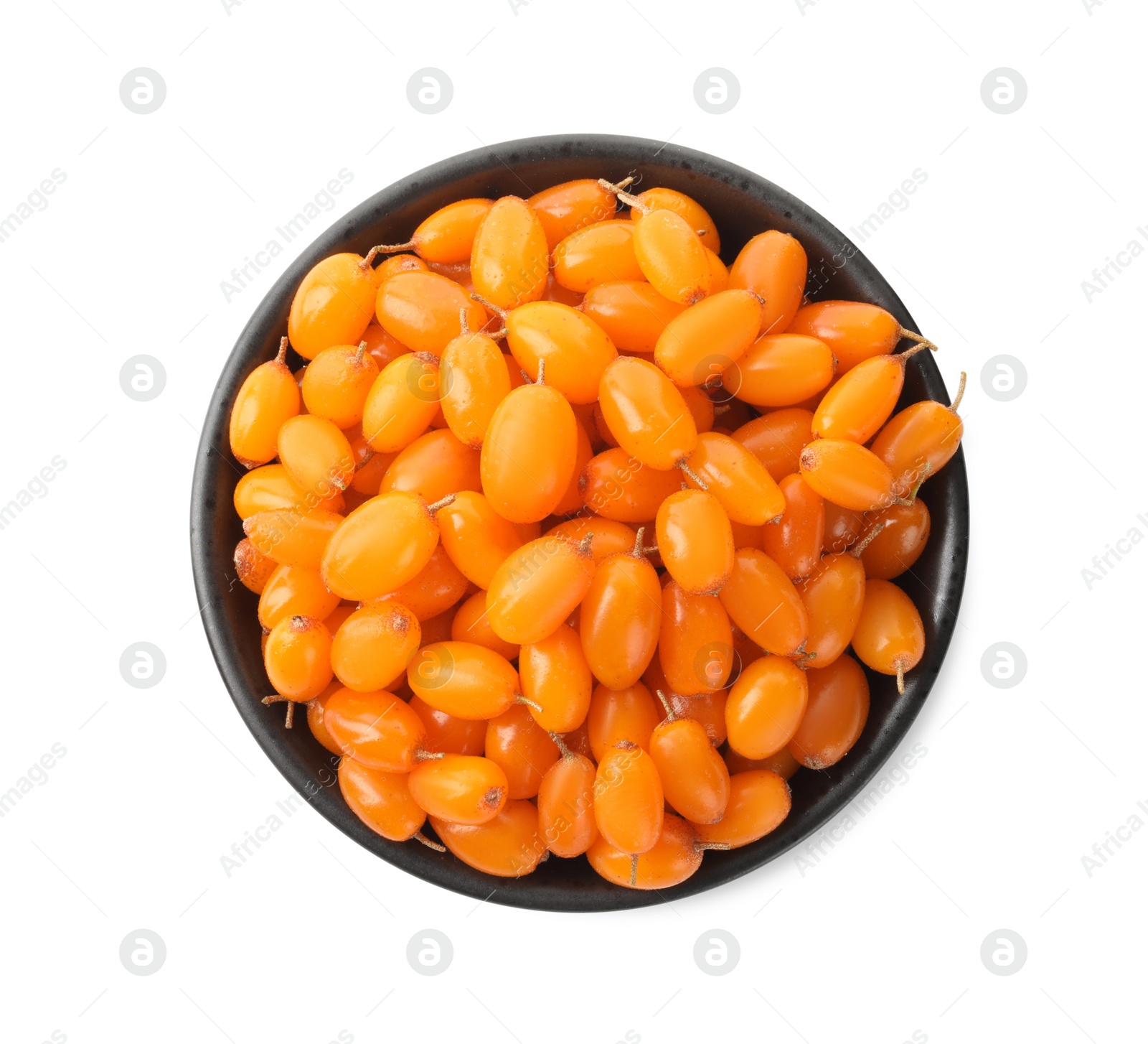 Photo of Fresh ripe sea buckthorn berries in bowl on white background, top view