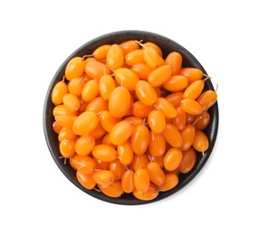 Photo of Fresh ripe sea buckthorn berries in bowl on white background, top view