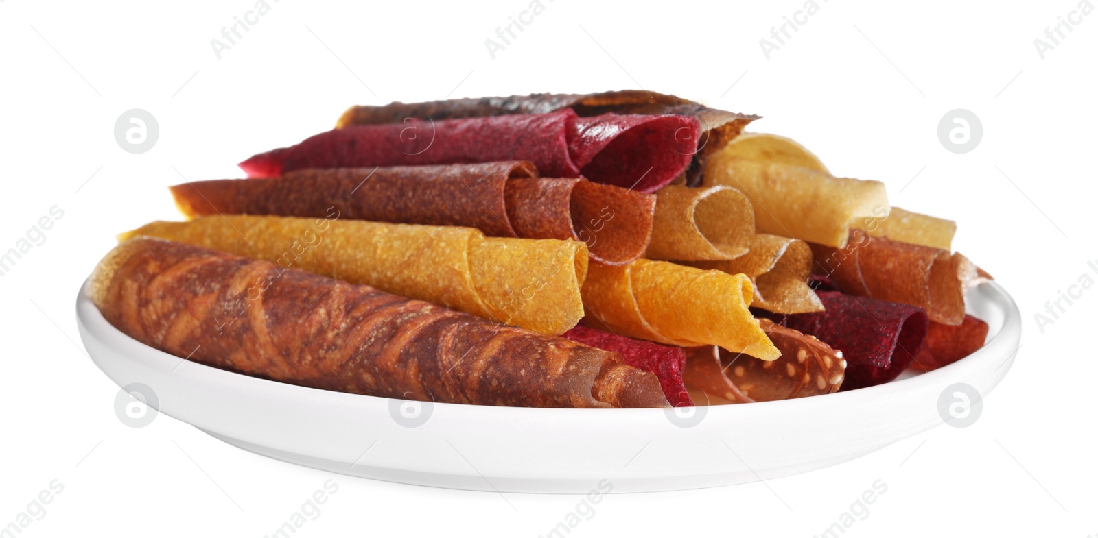 Photo of Delicious fruit leather rolls on white background