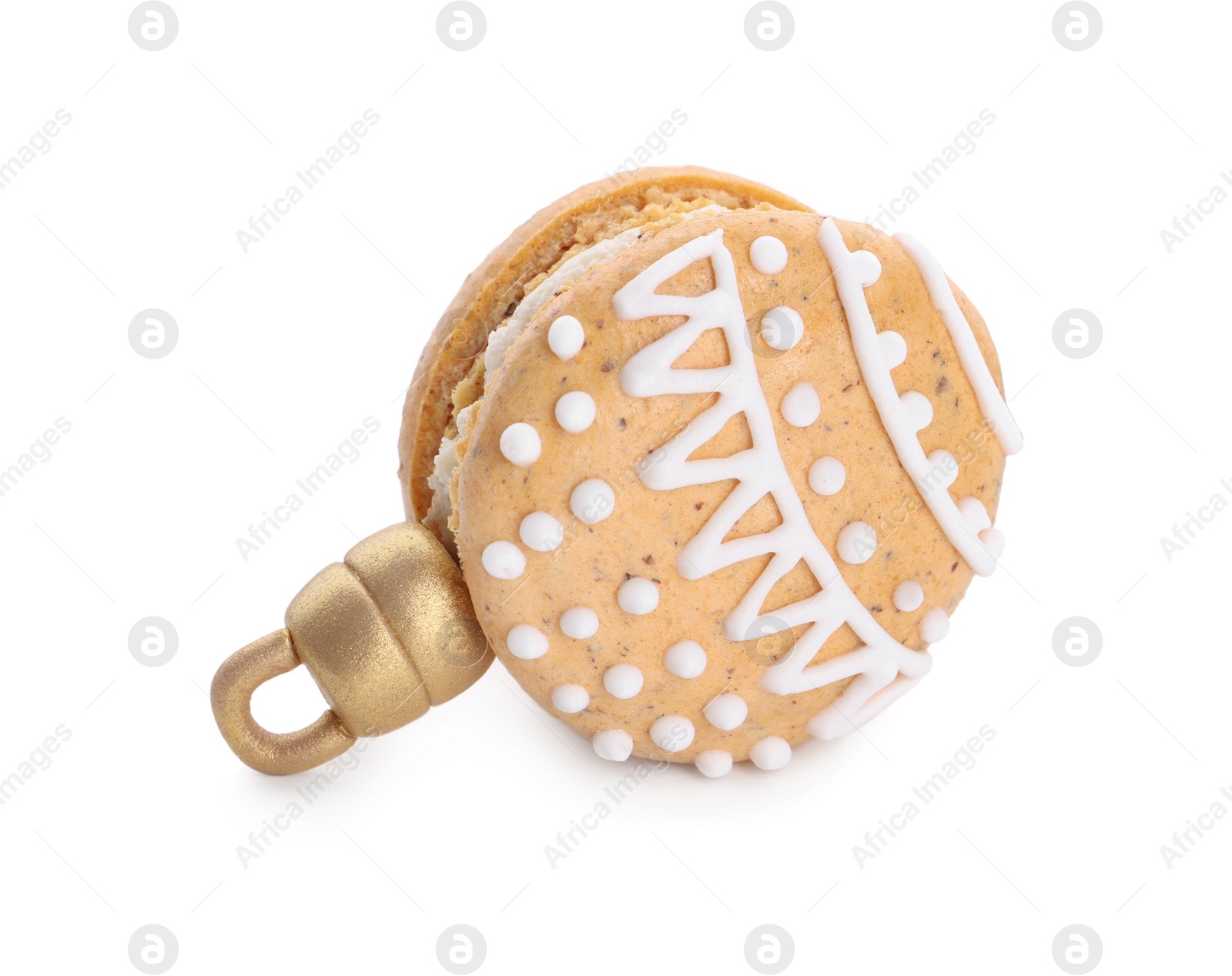 Photo of Beautiful macaron decorated as Christmas ball isolated on white