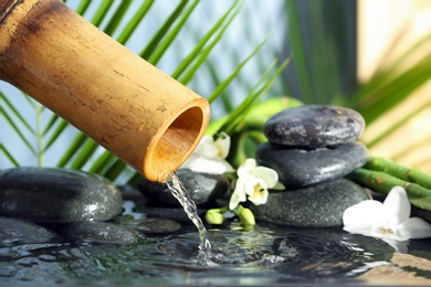 Photo of Traditional bamboo fountain with spa stones and flowers, closeup. Space for text