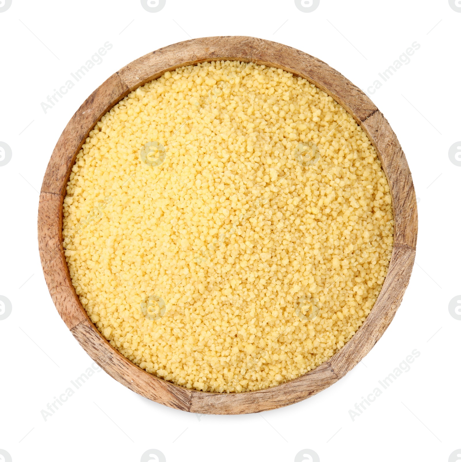 Photo of Raw couscous in bowl isolated on white, top view