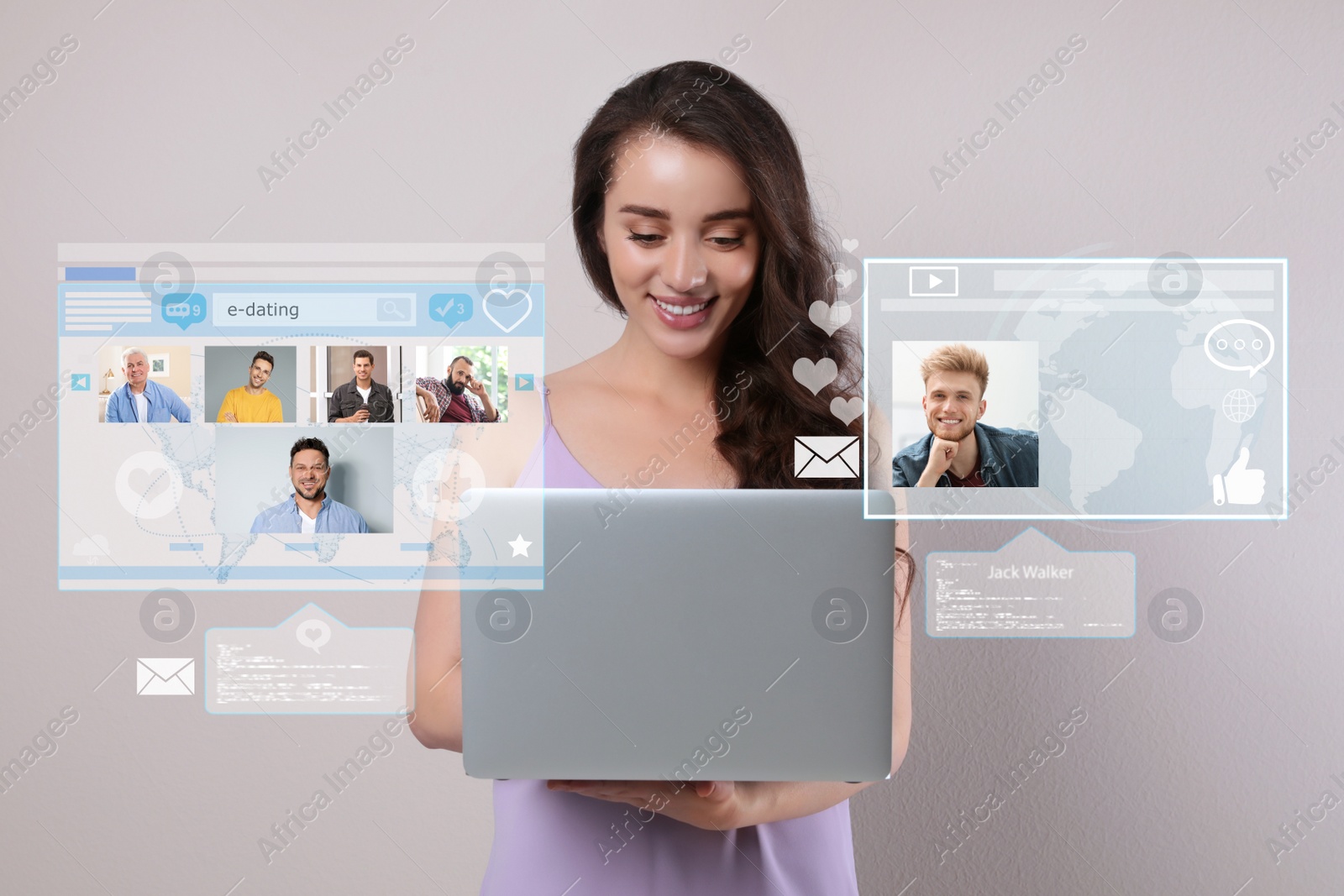 Image of Beautiful woman visiting online dating site via laptop on light grey background