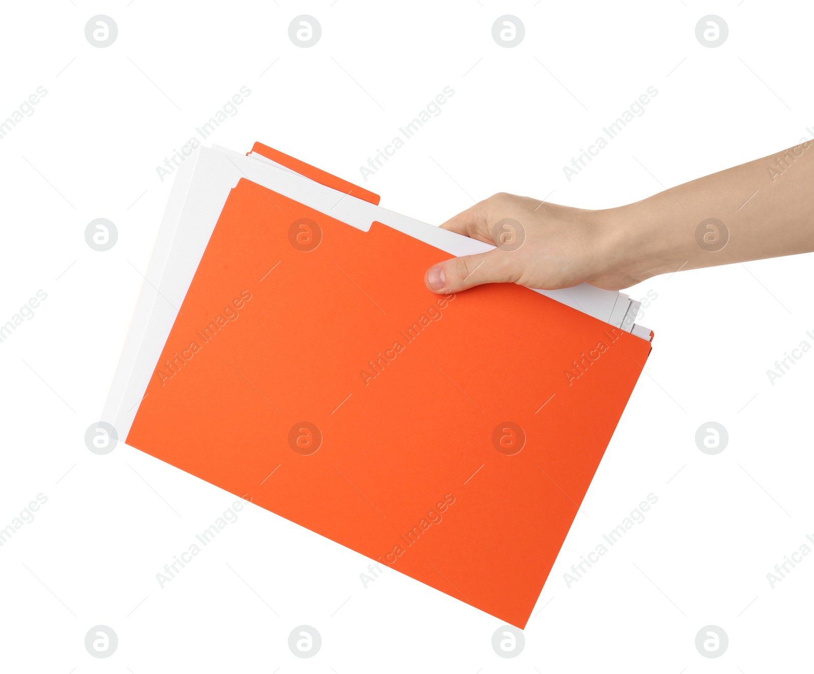 Photo of Woman holding orange file with documents on white background, closeup