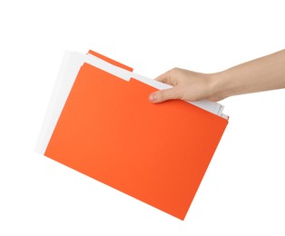 Woman holding orange file with documents on white background, closeup