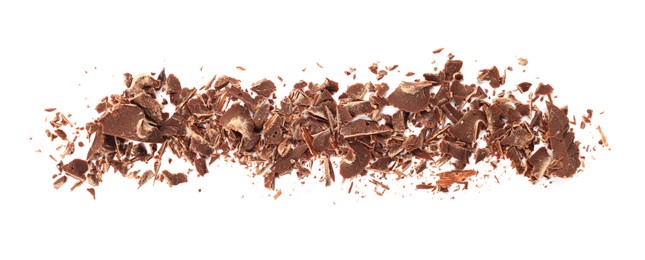 Photo of Pile of delicious chocolate crumbles on white background