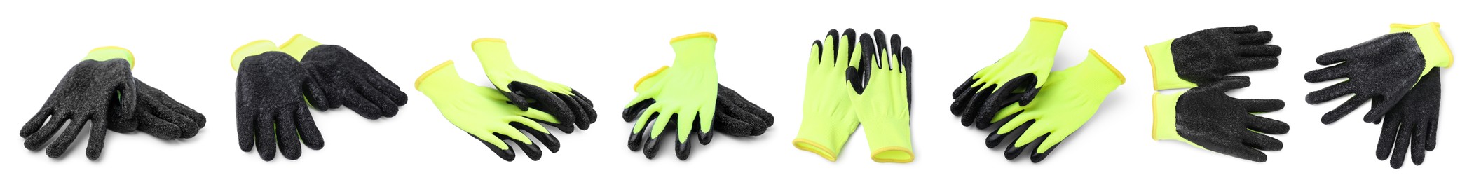 Image of Green gardening gloves isolated on white, views from different angles