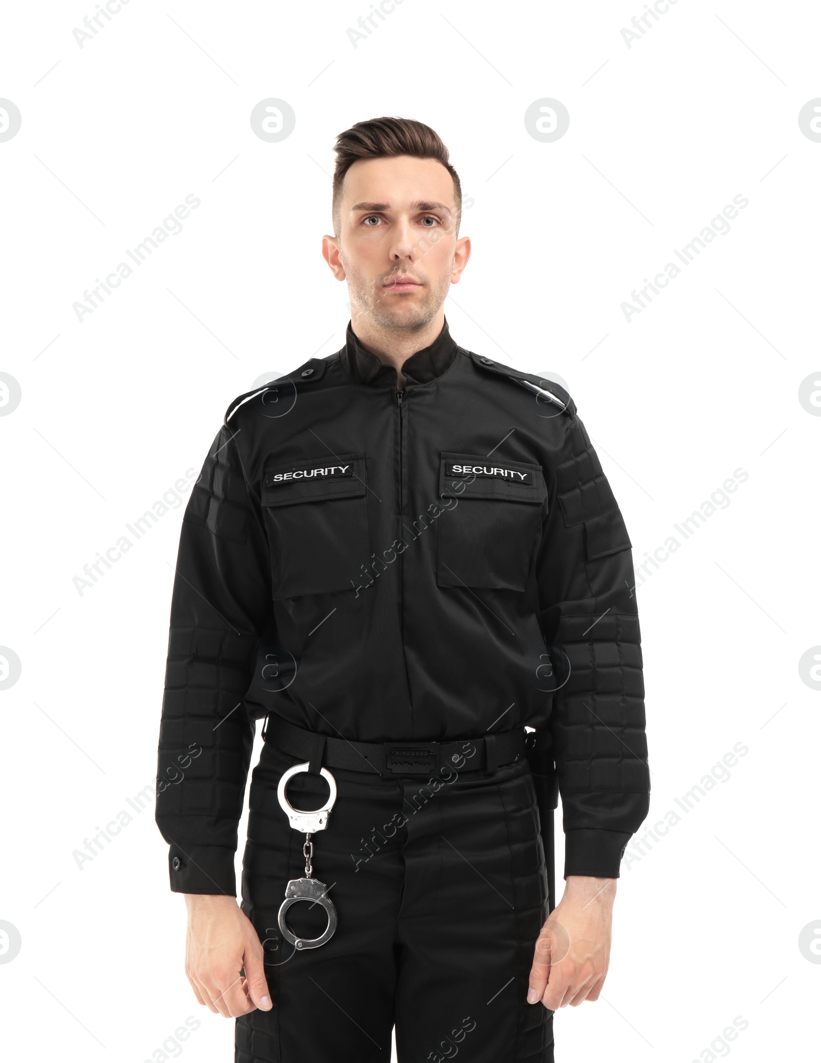 Photo of Male security guard in uniform on white background