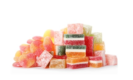 Pile of different tasty sweets on white background