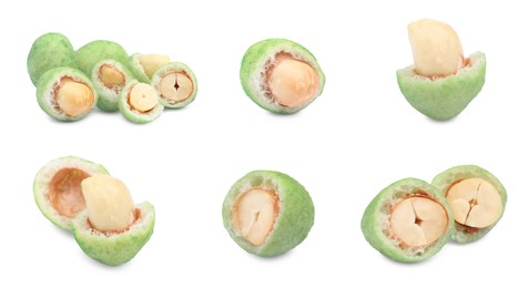 Image of Set with spicy wasabi coated peanuts on white background