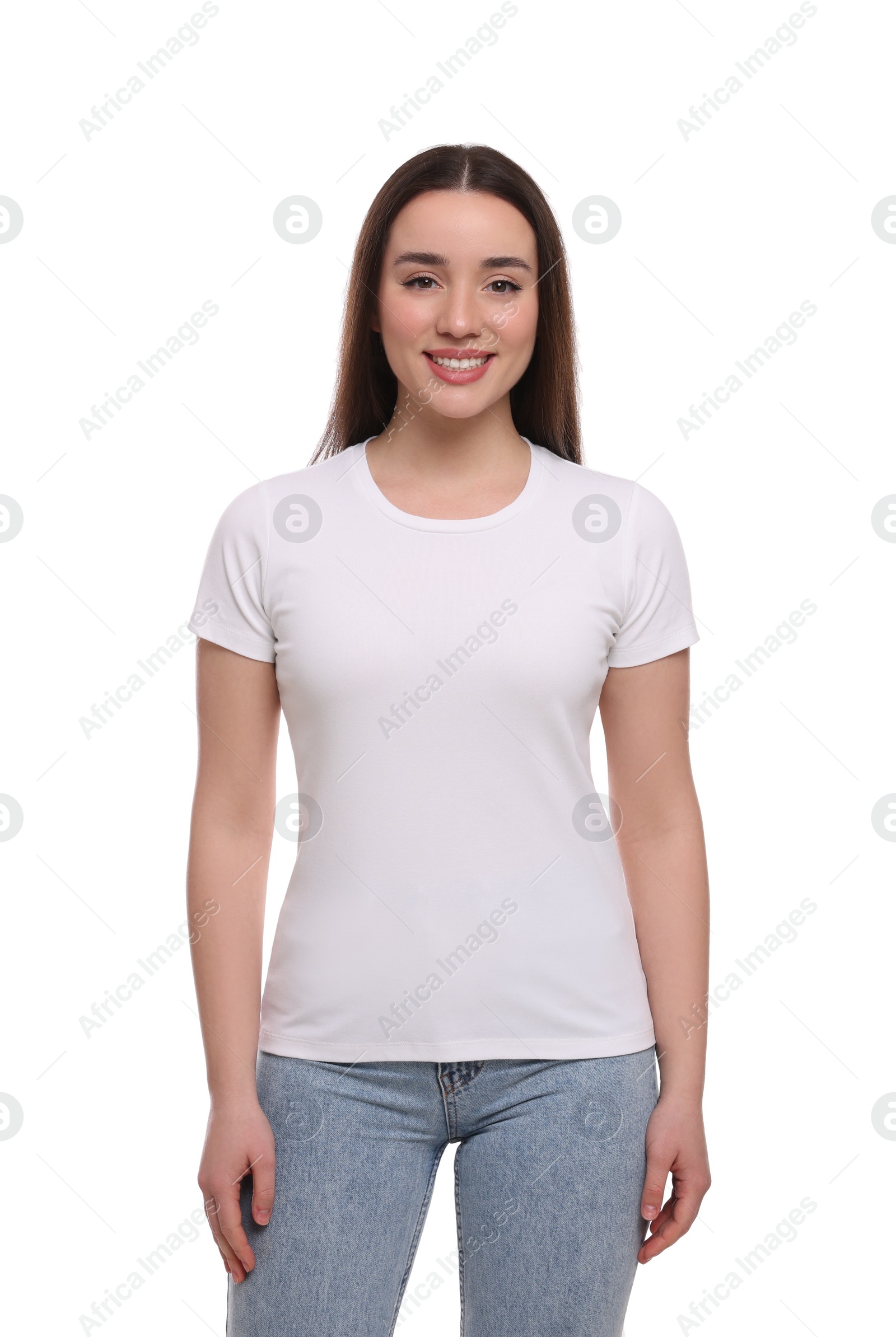 Photo of Woman wearing stylish T-shirt on white background