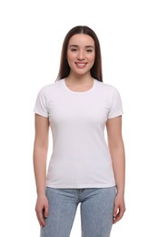 Woman wearing stylish T-shirt on white background