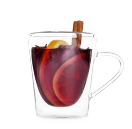 Photo of Cup with red mulled wine against white background