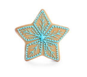 Tasty star shaped gingerbread cookie on white background. St. Nicholas Day celebration