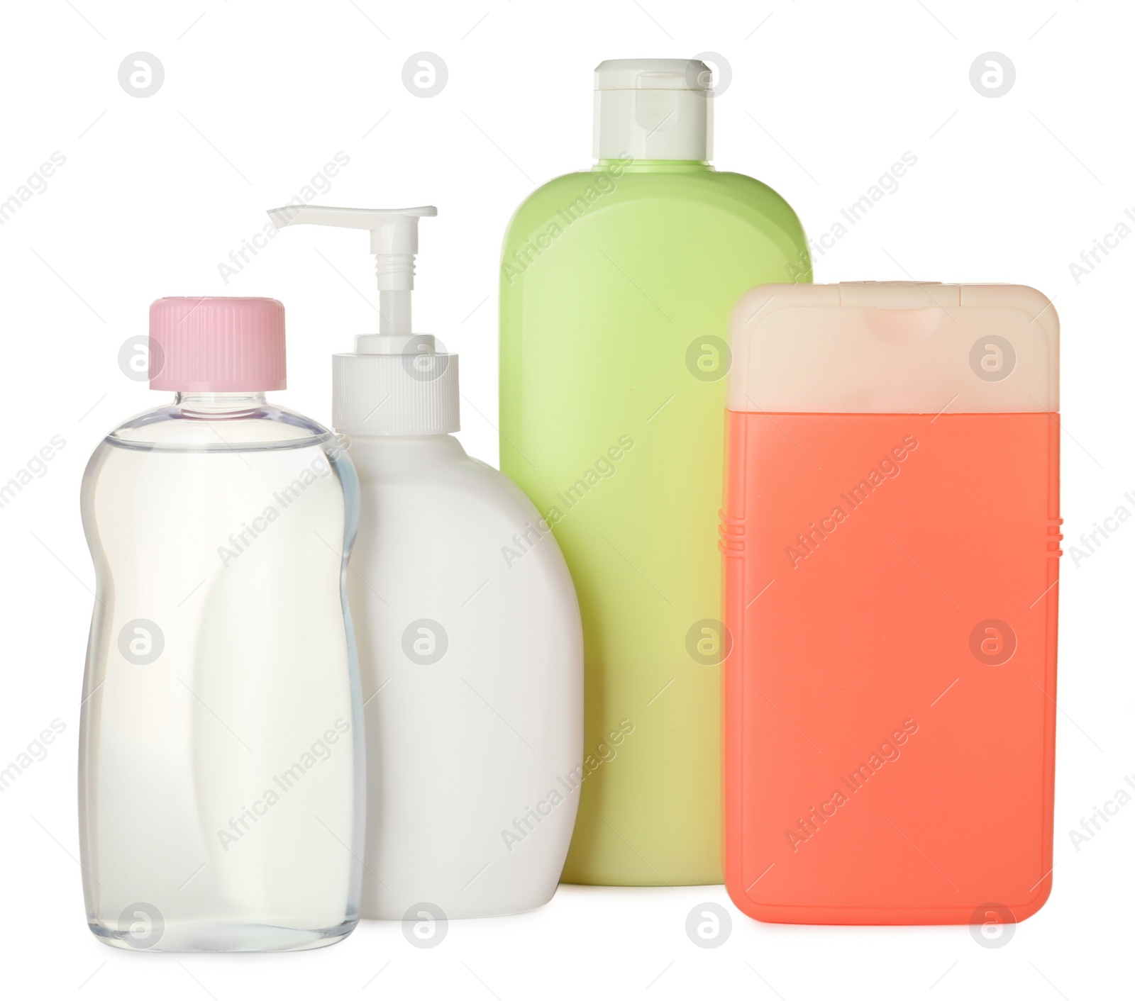 Photo of Bottles of baby cosmetic products on white background