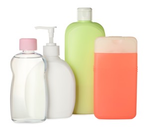 Bottles of baby cosmetic products on white background