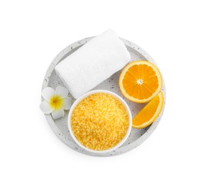 Photo of Sea salt, towel, plumeria flower and cut orange isolated on white, top view