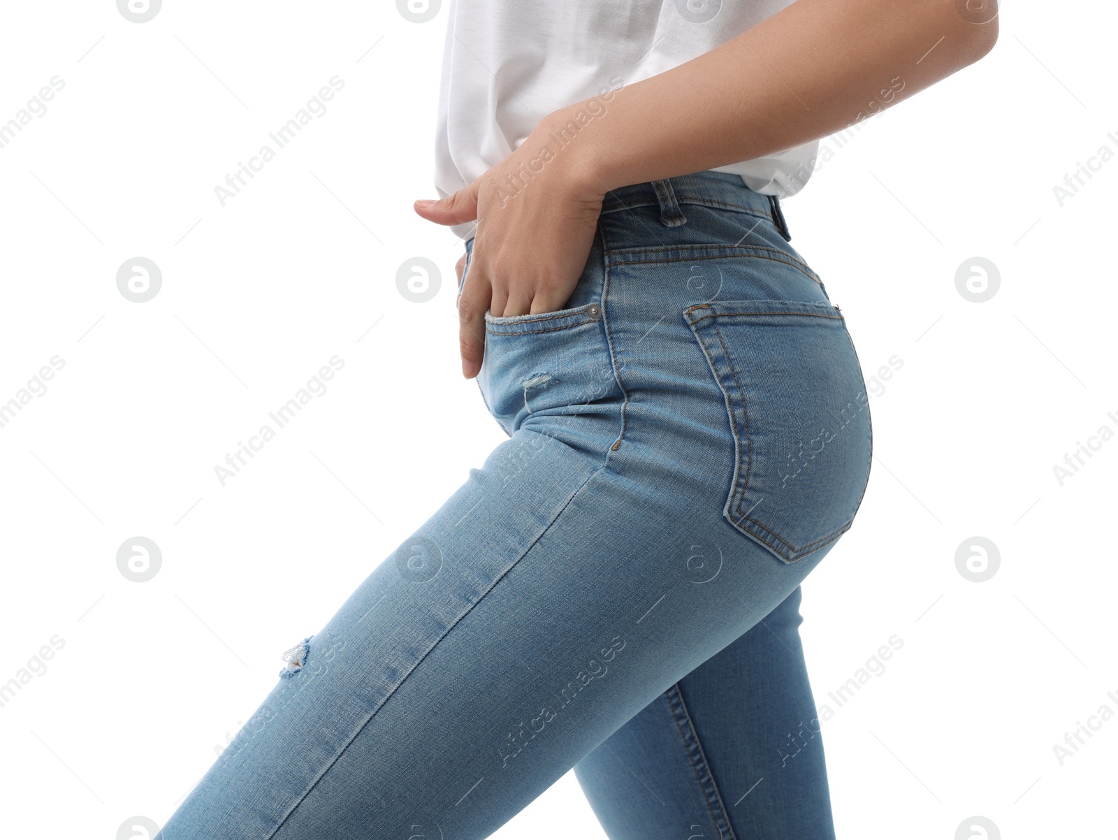 Photo of Woman wearing jeans on white background, closeup