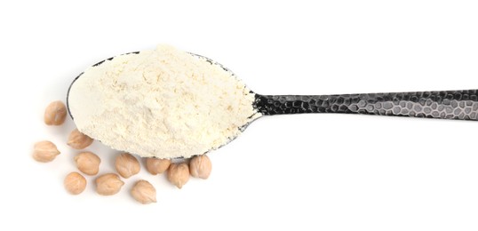 Photo of Spoon of chickpea flour and grains on white background, top view