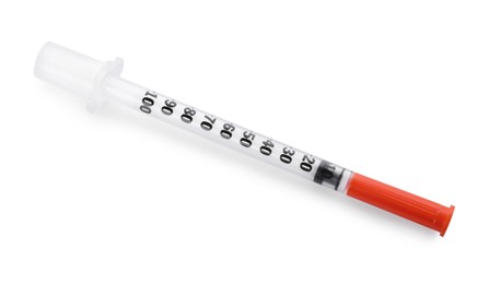 Photo of New medical insulin syringe isolated on white, top view