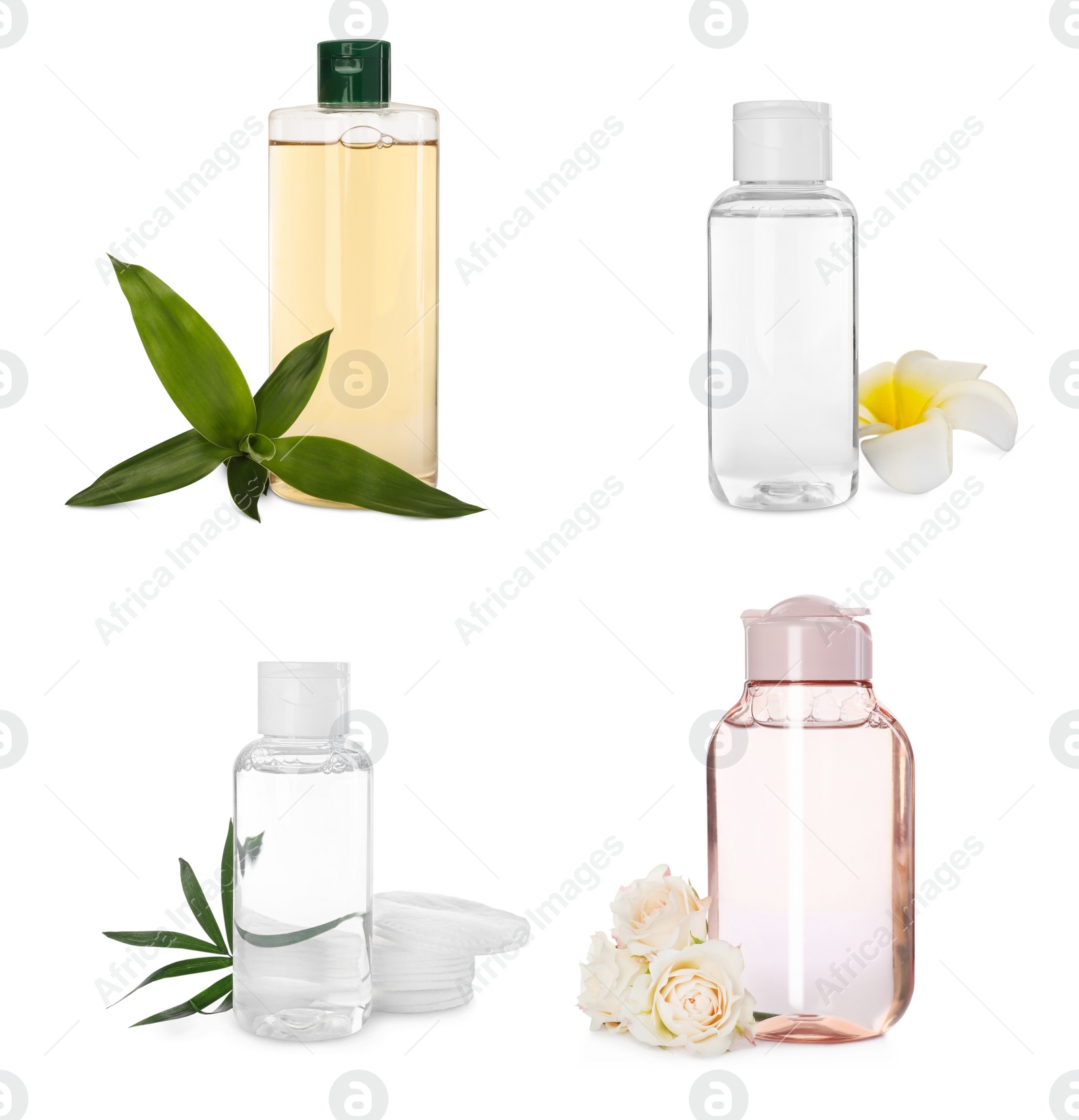 Image of Set with bottles of micellar cleansing water on white background