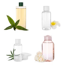 Image of Set with bottles of micellar cleansing water on white background
