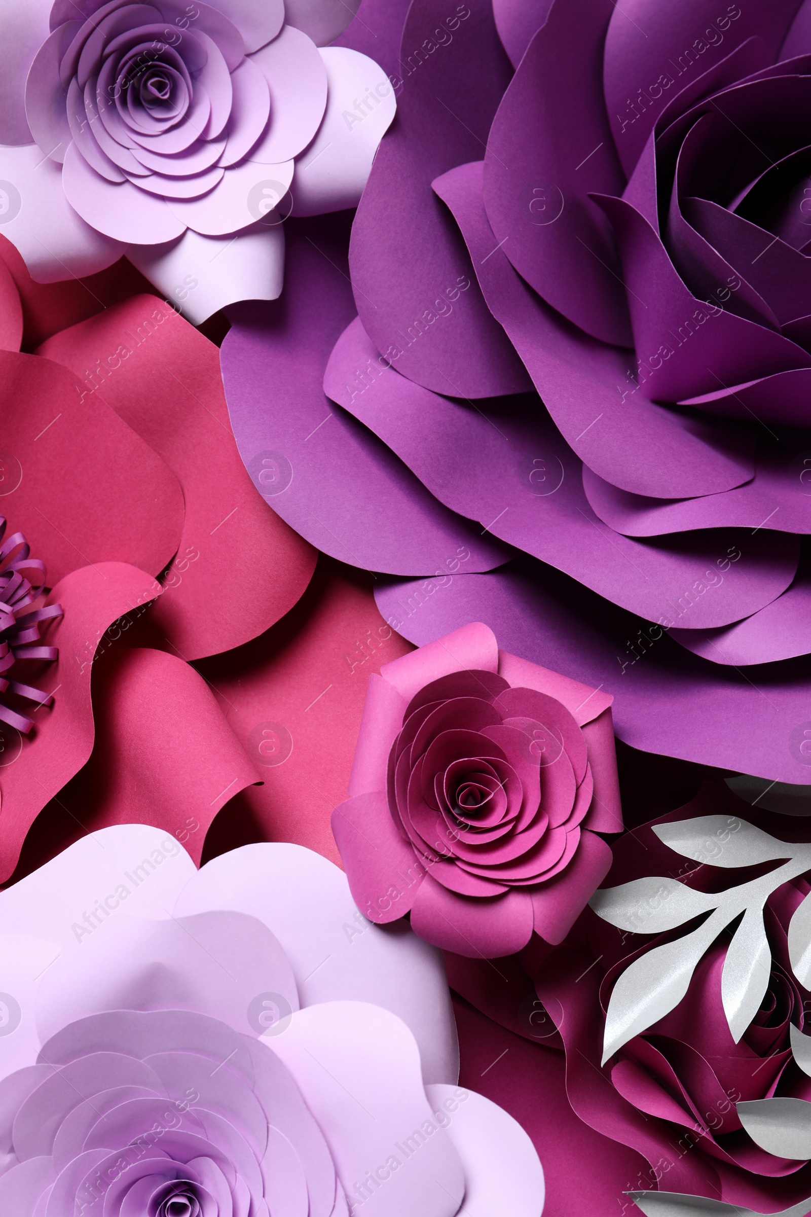 Photo of Different beautiful flowers and branches made of paper as background, top view