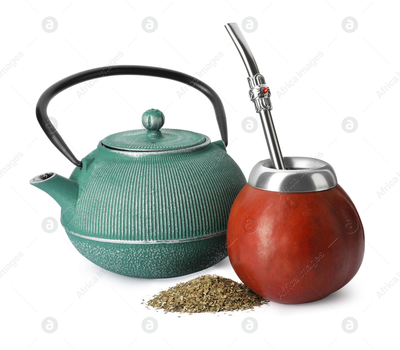 Photo of Calabash with mate tea, bombilla and teapot on white background