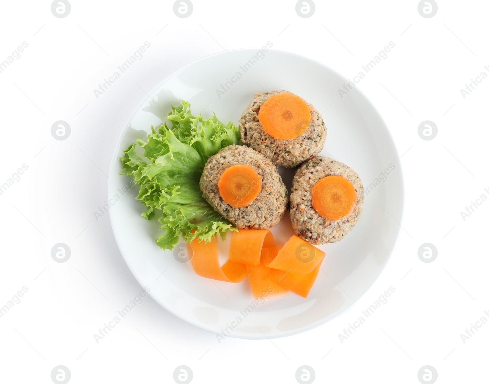 Photo of Plate of traditional Passover (Pesach) gefilte fish isolated on white, top view