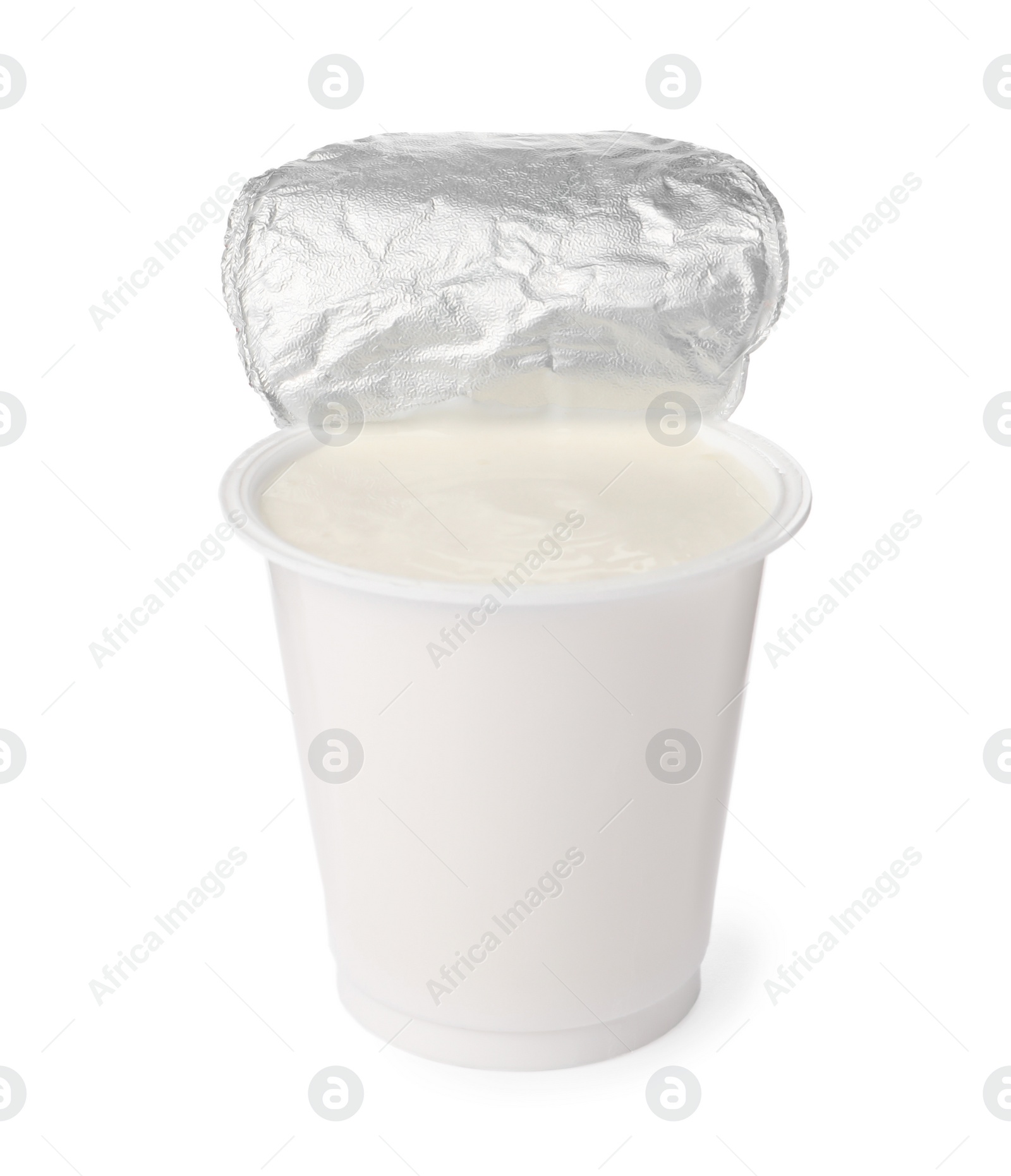 Photo of Delicious organic yogurt in plastic cup isolated on white