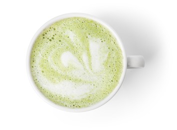 Cup of tasty matcha latte isolated on white, top view