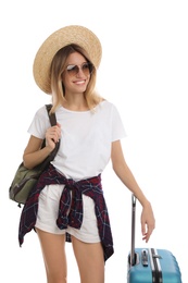 Photo of Woman with suitcase and backpack on white background. Summer travel