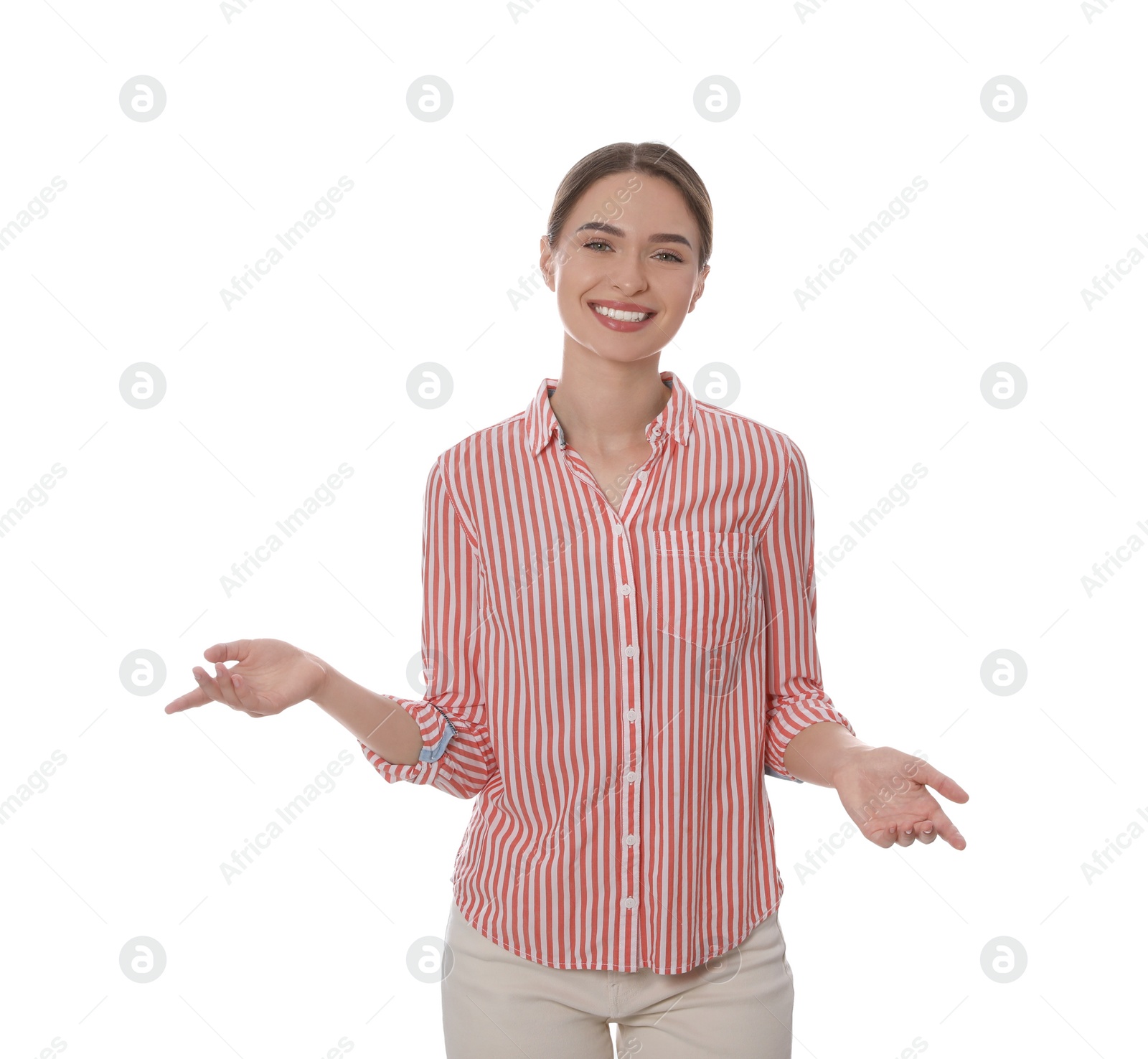 Photo of Beautiful woman on white background. Weather forecast reporter