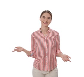 Photo of Beautiful woman on white background. Weather forecast reporter