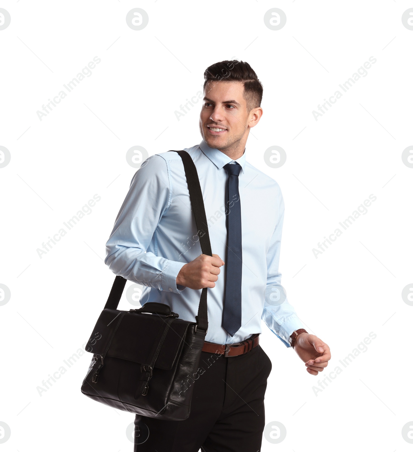 Photo of Businessman with stylish leather briefcase on white background