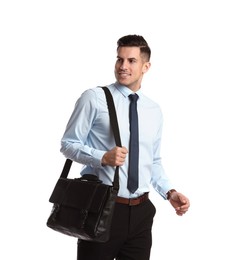 Photo of Businessman with stylish leather briefcase on white background