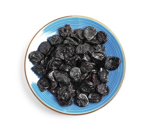 Photo of Plate of tasty prunes on white background, top view. Dried fruit as healthy snack